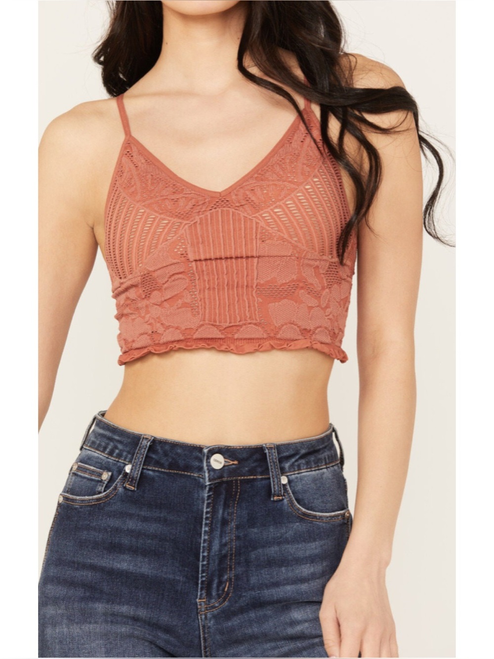 Fornia Floral V-Neck Eyelet Lace Bralette Crop Top Ruffle Hem Fairy Boho
